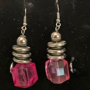 Pam’s Pink Parlor 2” silver tone pink crystal dangle earrings